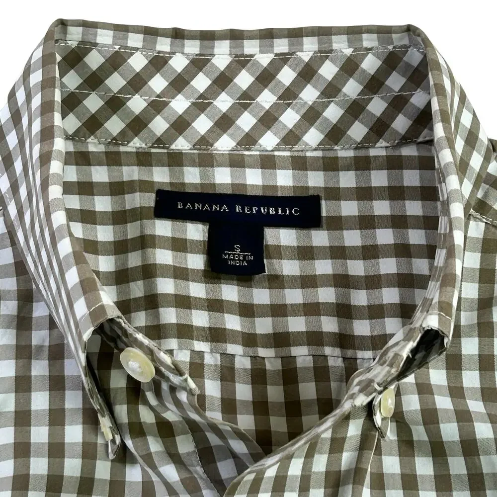 Banana Republic Men Shirt Small Olive Green Gingham Button Down Classic Office